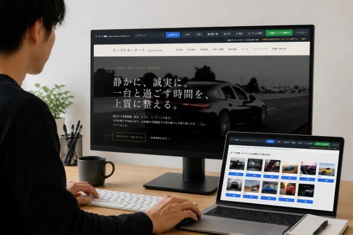 パソコンで自店のホームページを編集している様子